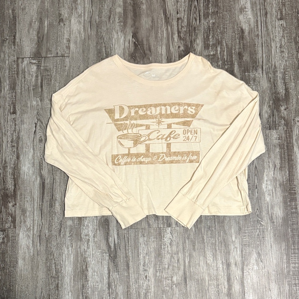Aerie Cropped Cream Dreamers Cafe Long Sleeve Tee